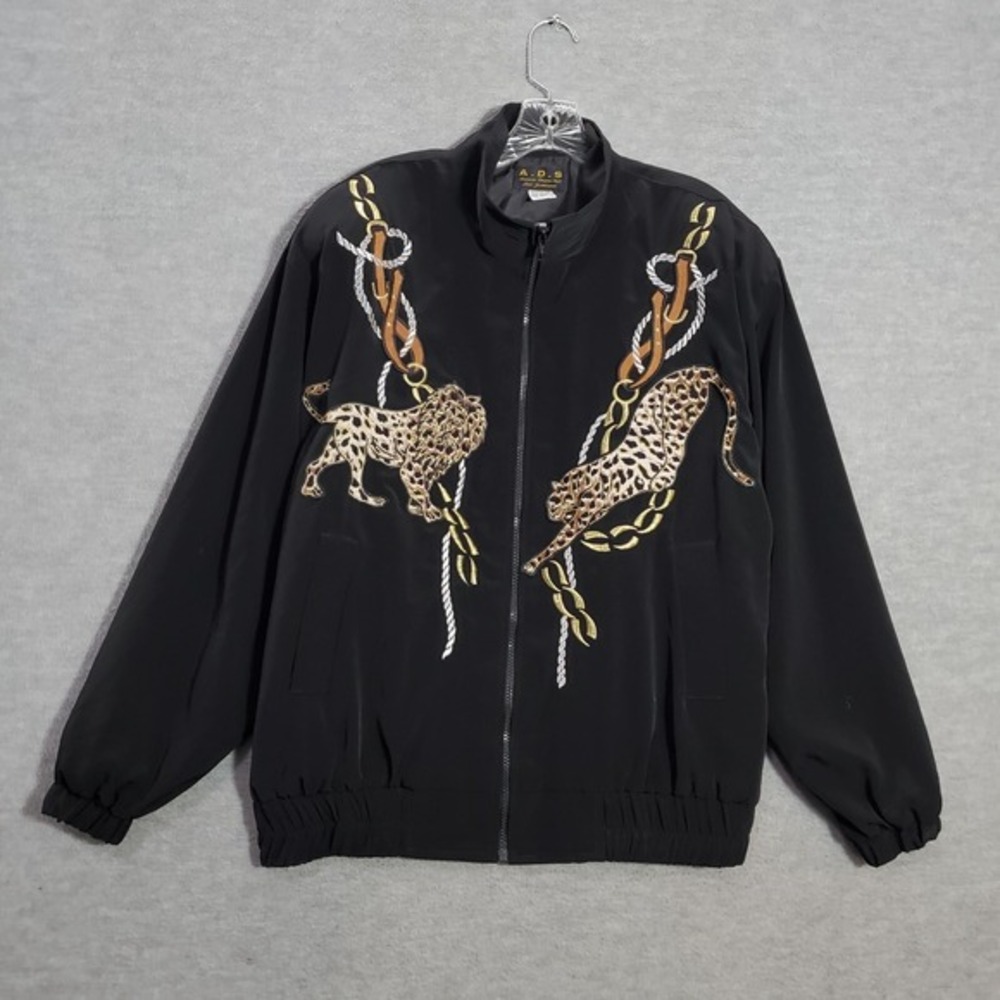 VINTAGE ADS Women Jacket 2XL Black Bomber Leopard Lion Embroidered Full Zip 90s
